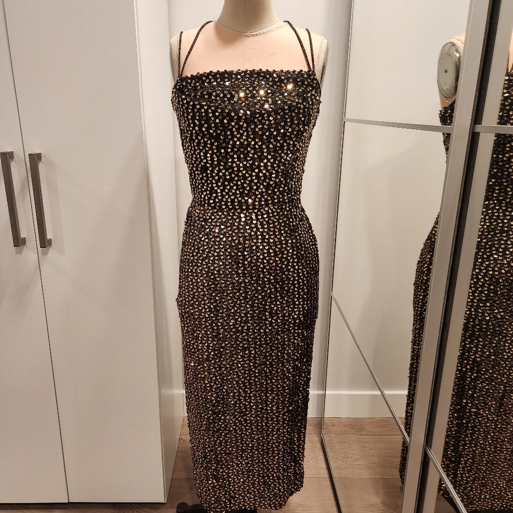 Vintage Sequin Black/Gold Midi Dress